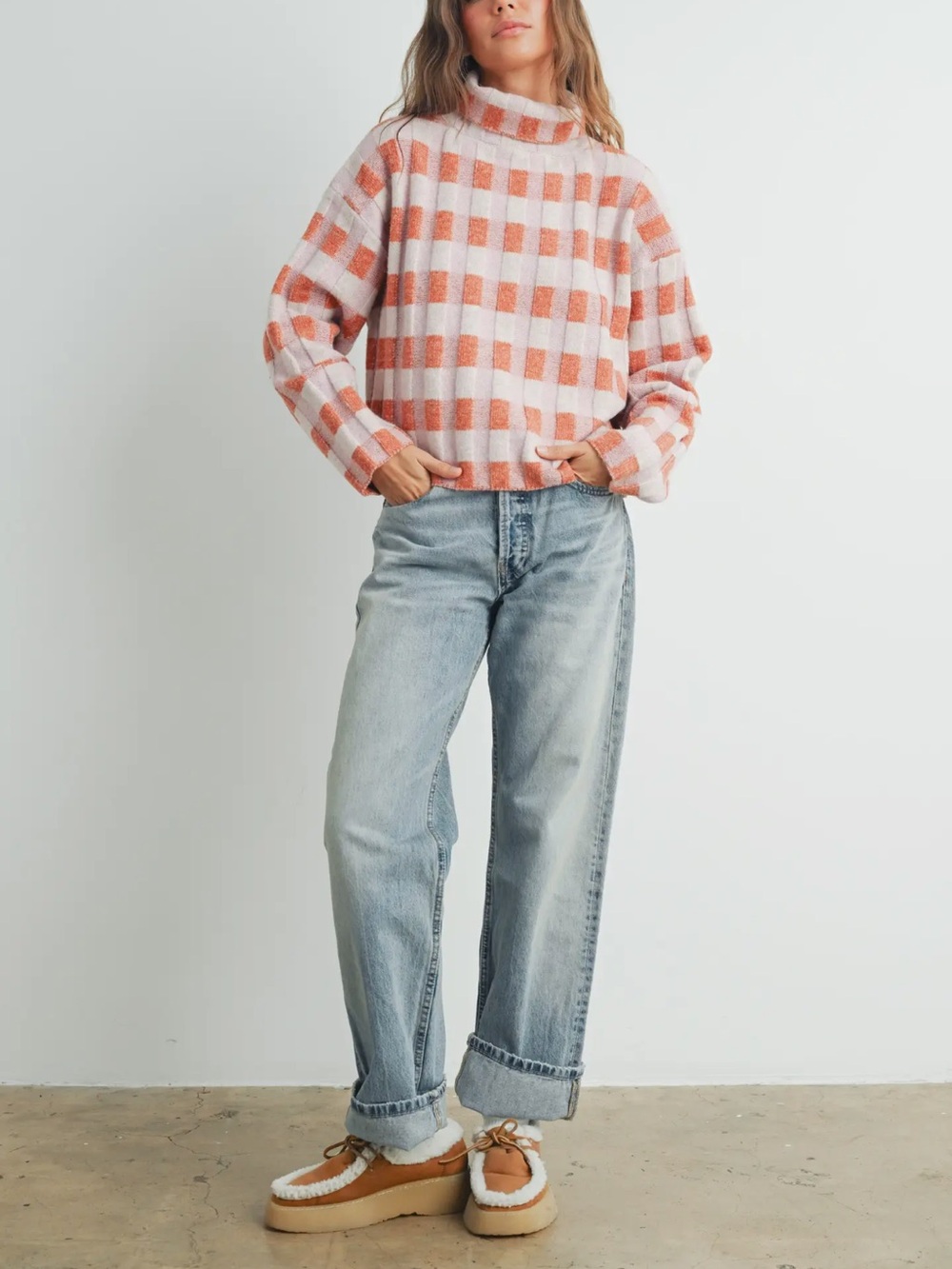 NWT BUTTERMELON Cozy Pink & Rust Check Turtleneck Sweater